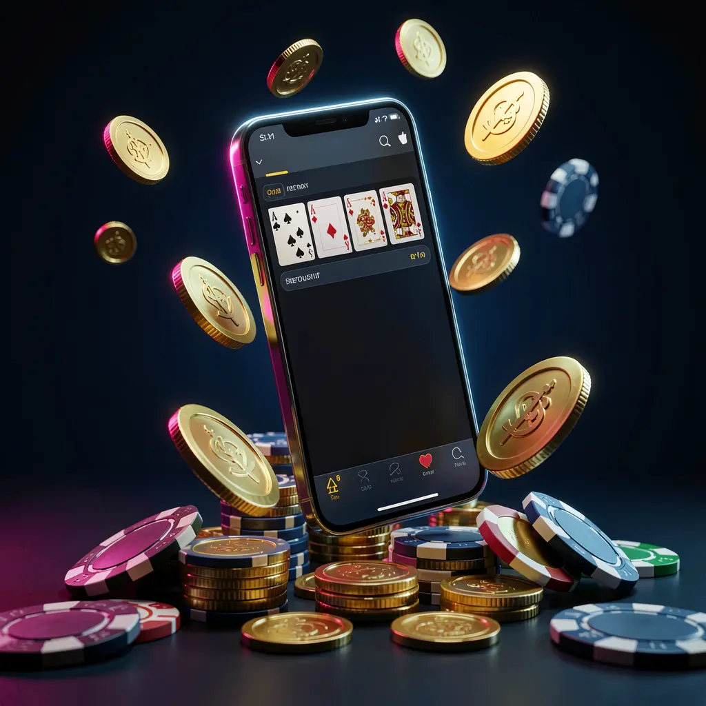 AV111 online casino app promotion banner featuring a phone floating above golden coins and poker chips with a dark blue and black background illuminated by cinematic neon glow in a realistic 3D render
