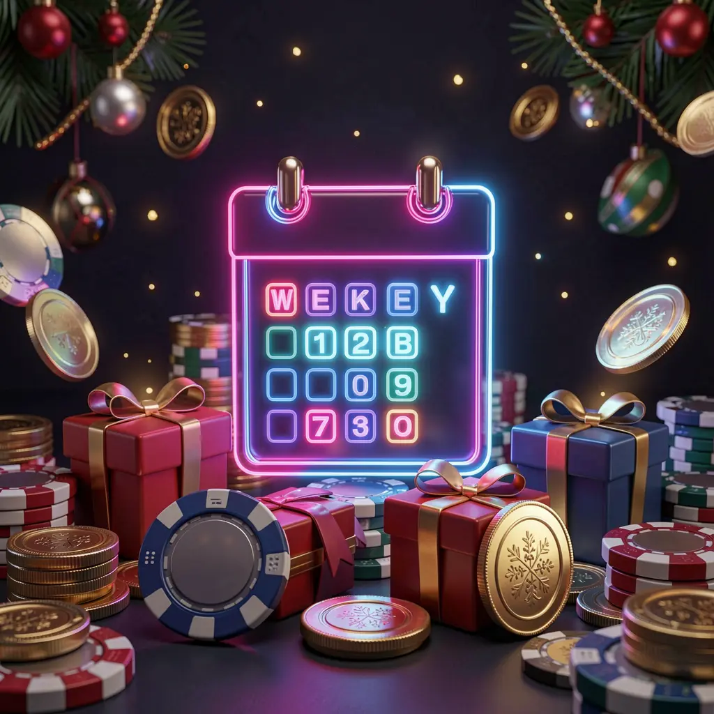AV111 weekly casino bonus concept featuring a calendar icon, gift boxes, coins, and chips with a festive dark background and neon glow in premium 3D style