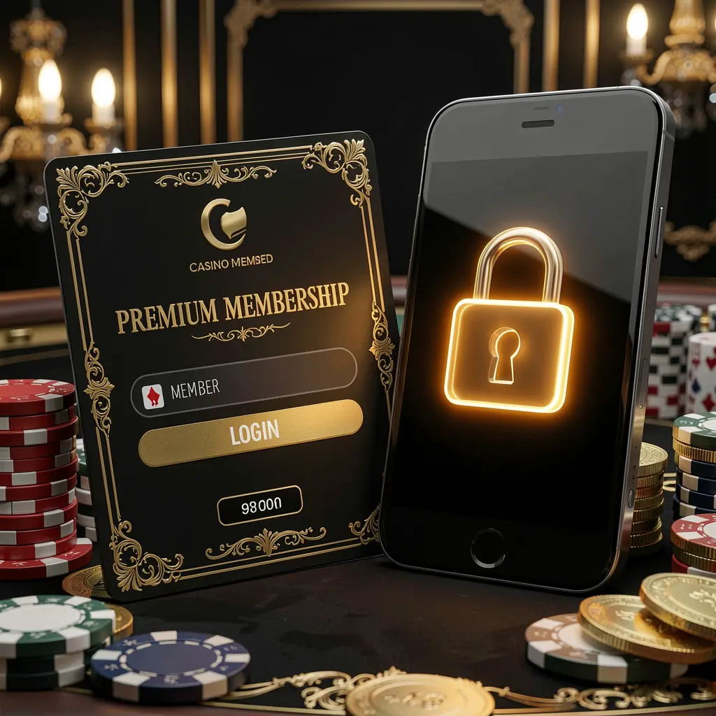 AV111 casino member login concept showing a premium membership card beside a smartphone with a glowing lock symbol, poker chips, and coins on a black and gold luxury background in a realistic 3D illustration