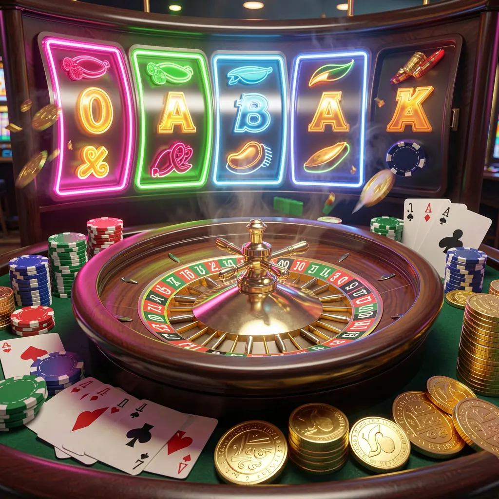 AV111 casino homepage visual featuring a realistic 3D render of a roulette wheel, poker chips, playing cards, golden coins, and jackpot lights with bright neon glow in a dynamic composition